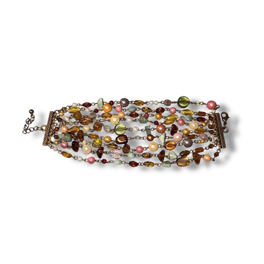 Multi Strand Beaded Stretch Bracelet Earth Tones Gold Tone - Picture 3 of 3